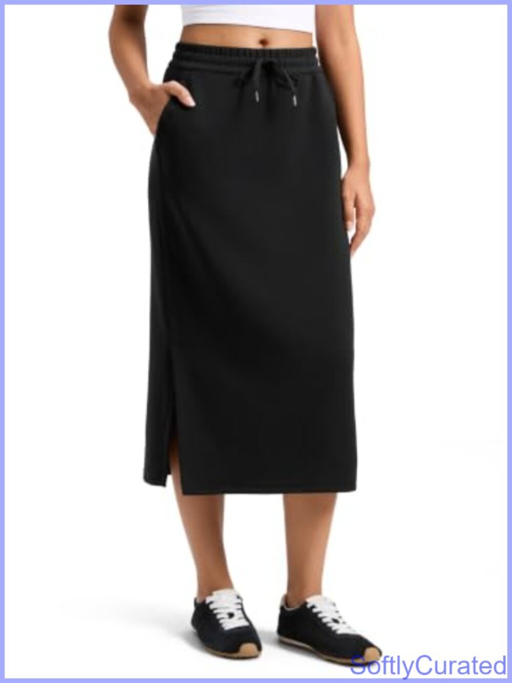 High Waisted Midi Pencil Skirt with Pockets Drawstring Casual